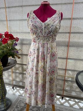 Monsoon dress, Pleated V-Neck Bodice with Beaded Accents, dainty floral pattern.